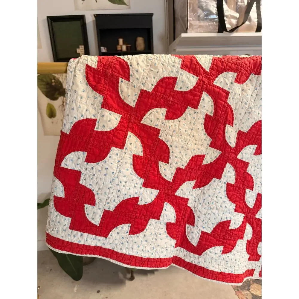 Vintage Handmade Hand Sewn Quilt Red White Blue Floral Cottagecore Farmhouse